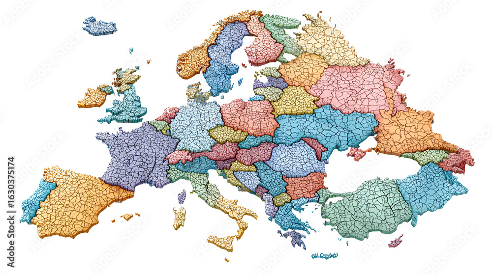 Obraz premium Colorful political map of europe with country borders isolated on transparent background