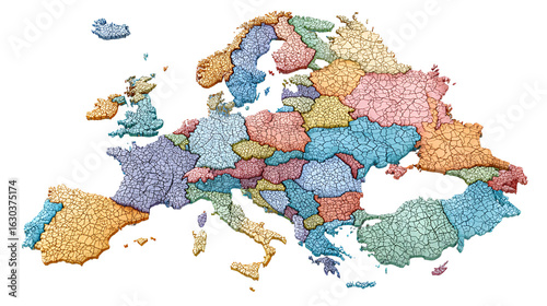 Colorful political map of europe with country borders isolated on transparent background