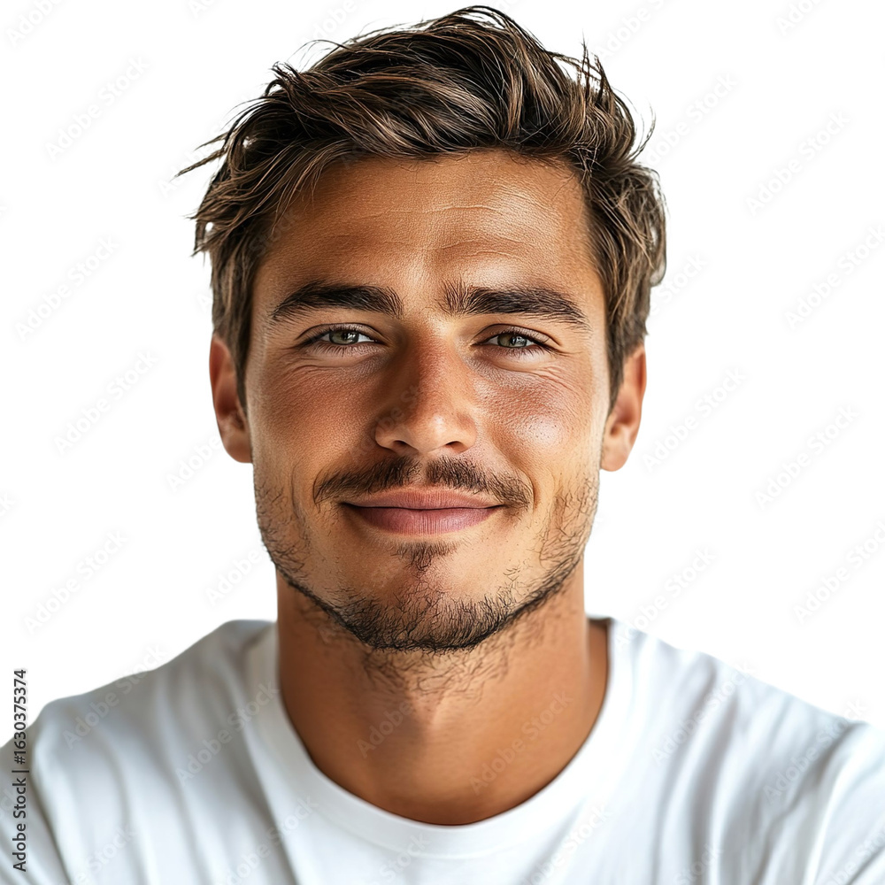 Obraz premium Front view close up of an extremely beautiful young man from Croatia in a white t-shirt smiling isolated on a white transparent background