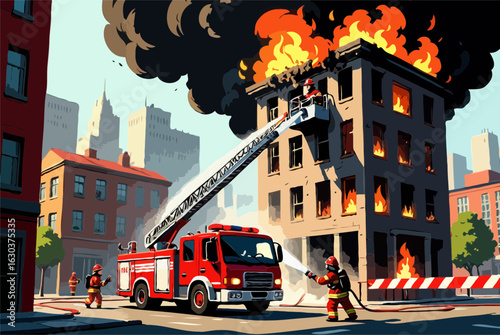 Dramatic Fire Scene: City Building Blaze, Firetruck, Firefighters, Vintage Style Illustration