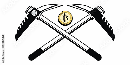 Bitcoin mining concept with crossed pickaxes and cryptocurrency coin for digital currency and blockchain tech crypto vector line icon on transparent background