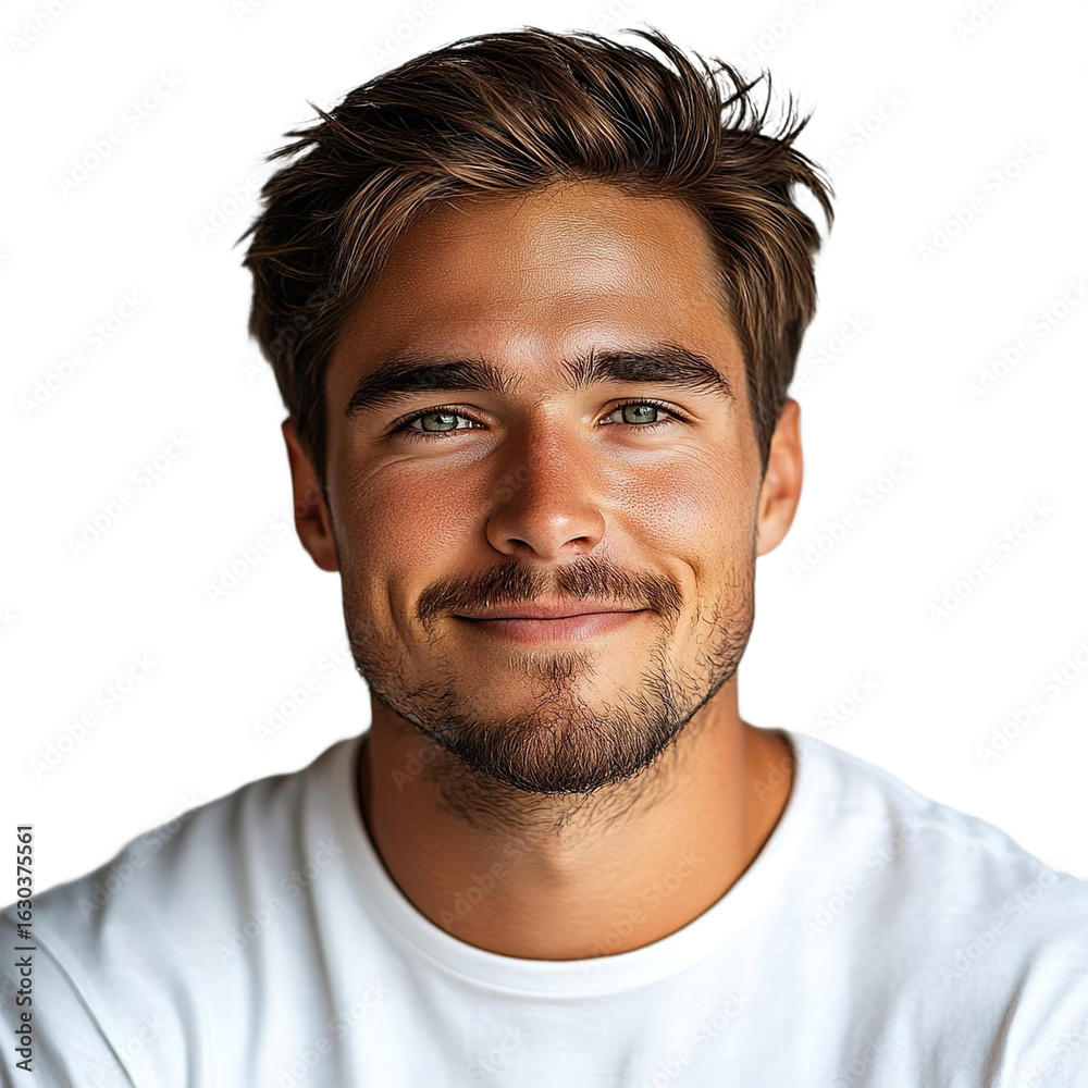 Obraz premium Front view close up of an extremely beautiful young man from Czech Republic in a white t-shirt smiling isolated on a white transparent background