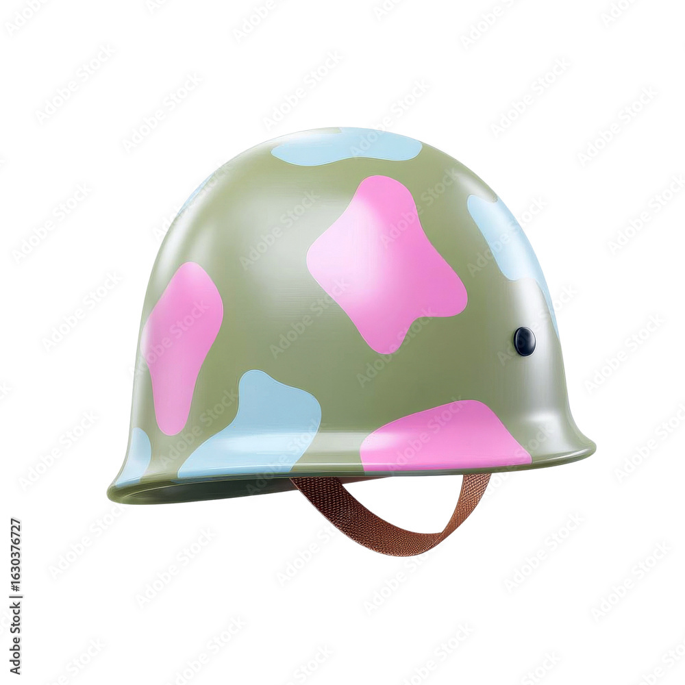 Fototapeta premium Colorful camouflage helmet with pink and blue patterns, isolated on a white background.