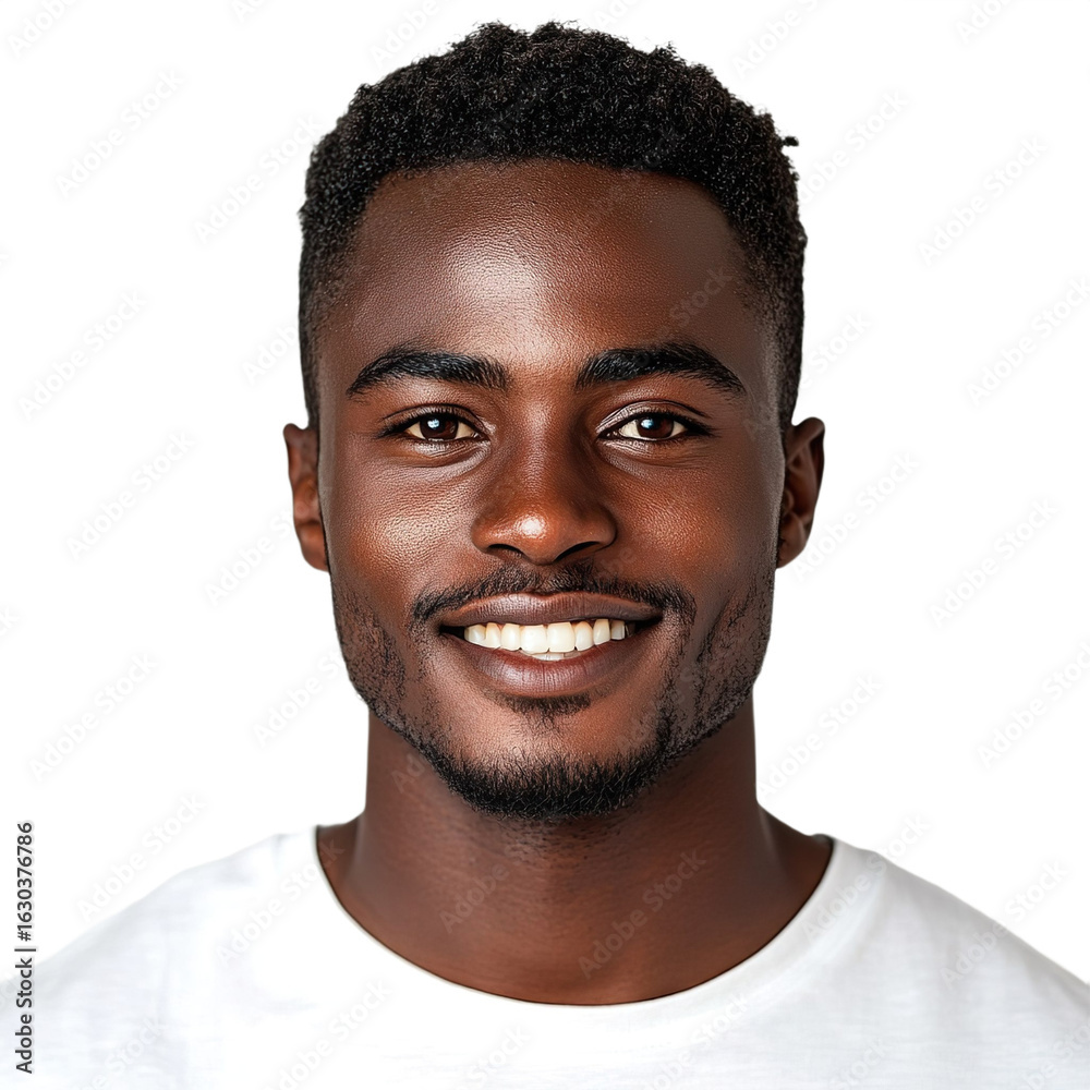 Obraz premium Front view close up of an extremely beautiful young man from Ghana in a white t-shirt smiling isolated on a white transparent background.