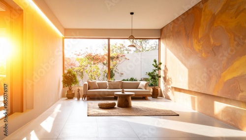 a modern interior with minimalistic yellow furniture and morning sunlight lighting