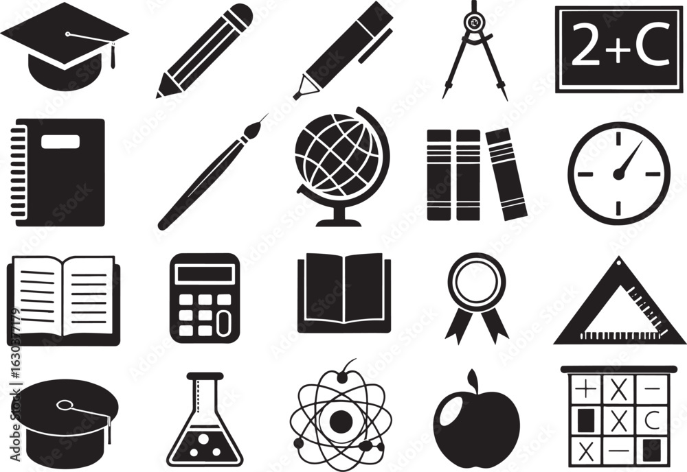 Obraz premium Silhouette Education & School Icons on White Background Premium Vector Set