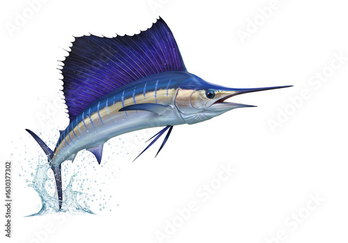 Foto Isolated Dynamic Illustration of a Blue Sailfish Leaping Out of the Water