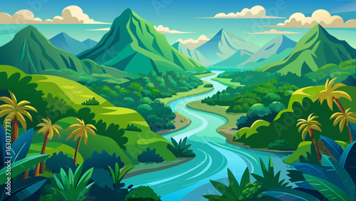 Aerial view of river in tropical green forest with mountains in background