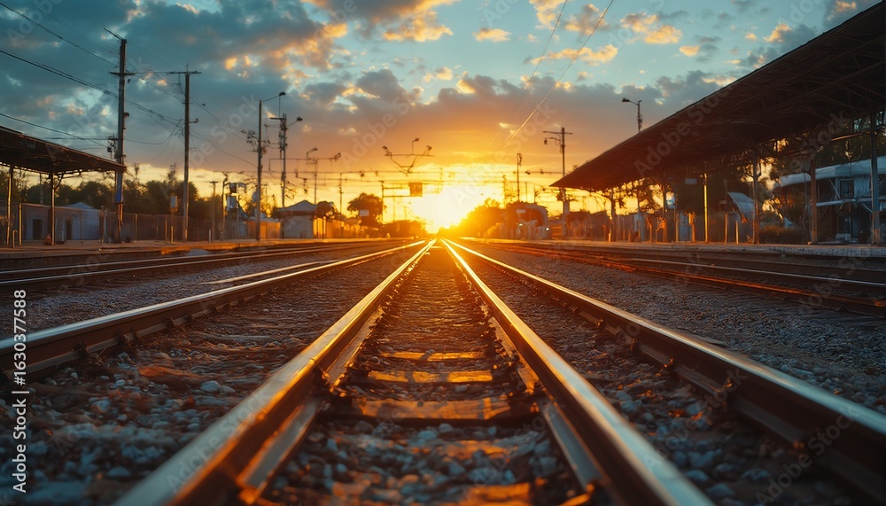 Fototapeta premium a low-angle view of railroad tracks converging toward a vibrant sunset over a quiet train platform.