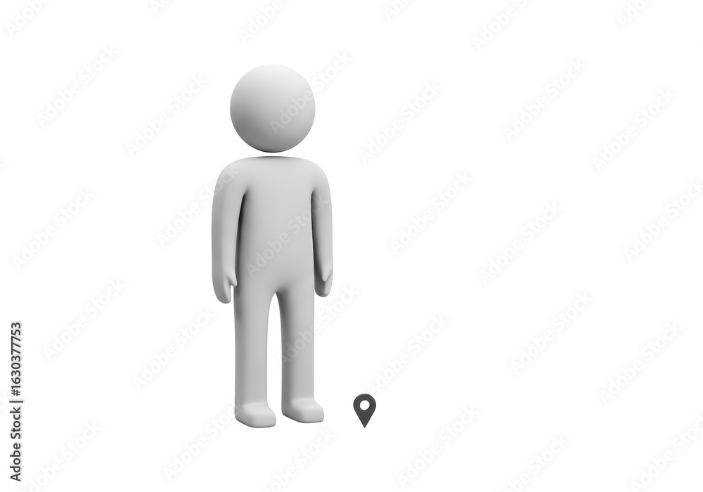 Isolated 3D Figure Standing Next to a Location Pin Icon for Navigation and Destination Isolated 3D Figure Standing Next to a Location Pin Icon for Navigation and Destination
