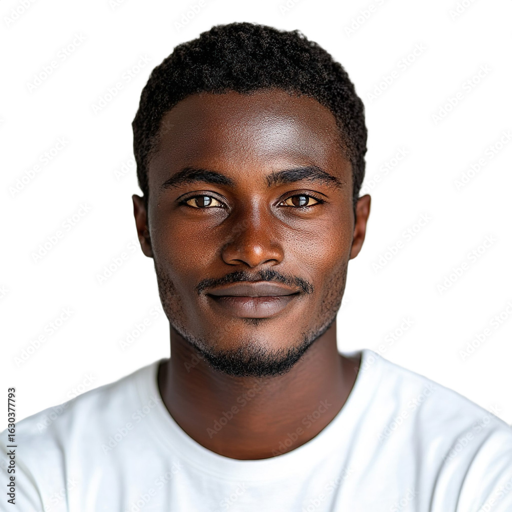 Obraz premium Front view close up of an extremely beautiful young man from Kenya in a white t-shirt smiling isolated on a white transparent background