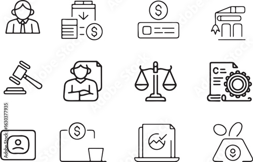 Business and Legal Thin Line Icons Set Depicting Financial Matters Judgement Contracts Law Consulting and Professional Services