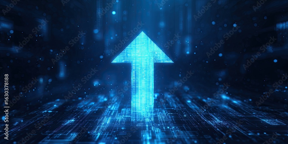 Fototapeta premium Digital upward arrow on a glowing circuit board background