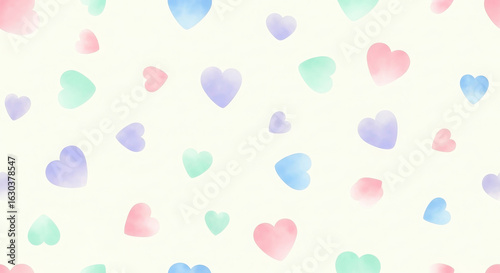 Soft pastel watercolor hearts scattered on a creamy white background creating a gentle and whimsical seamless pattern
