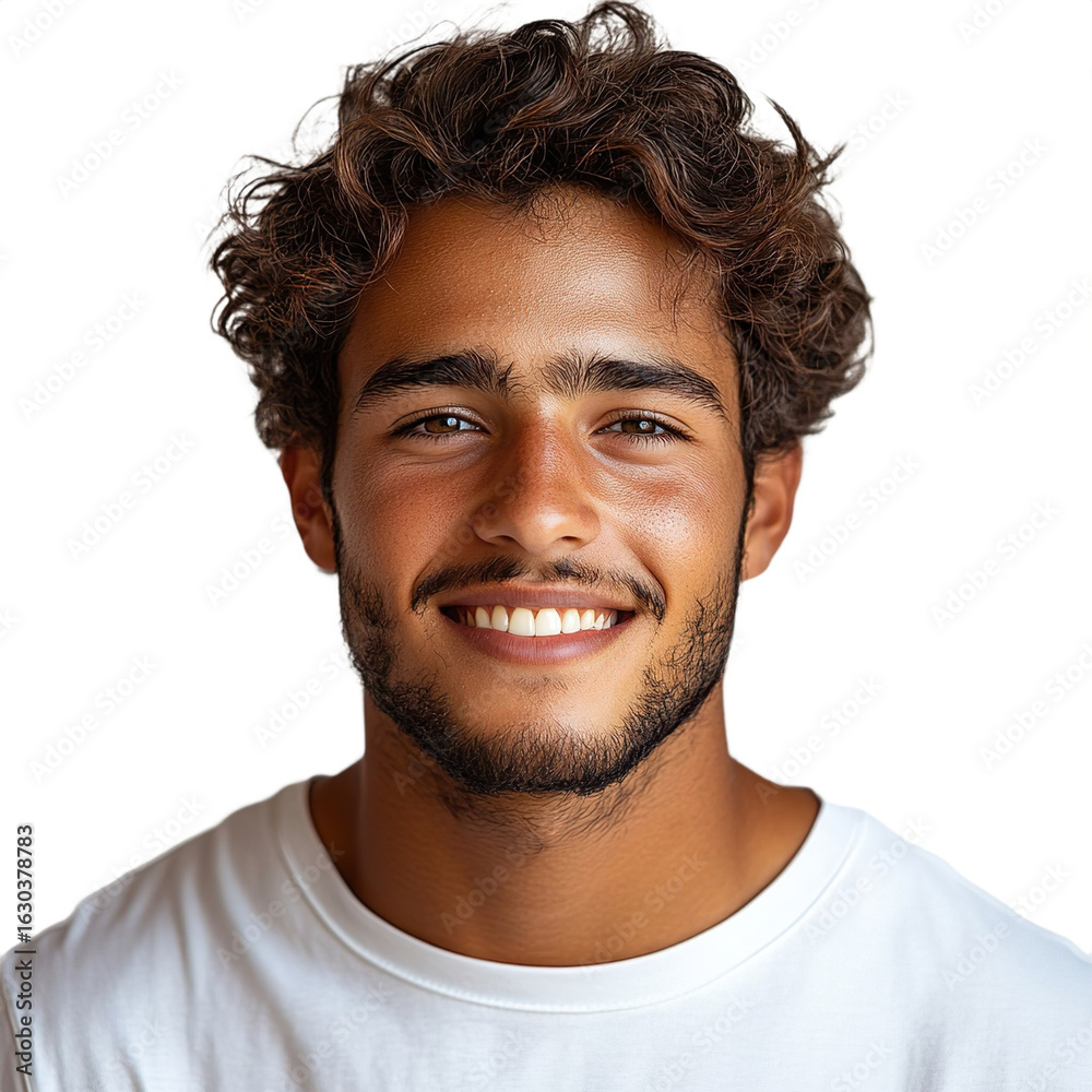 Obraz premium Front view close up of an extremely beautiful young man from Morocco in a white t-shirt smiling isolated on a white transparent background.