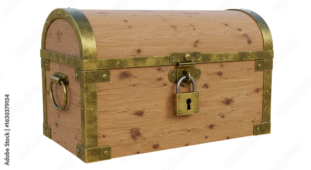 Isolated Rustic Wooden Treasure Chest with Brass Details and Padlock Isolated Rustic Wooden Treasure Chest with Brass Details and Padlock