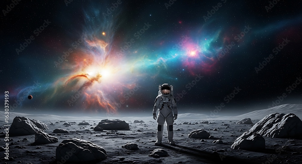 © Jafar - Astronaut standing on a desolate alien planet, gazing at a vibrant nebula. © Jafar - Astronaut standing on a desolate alien planet, gazing at a vibrant nebula.