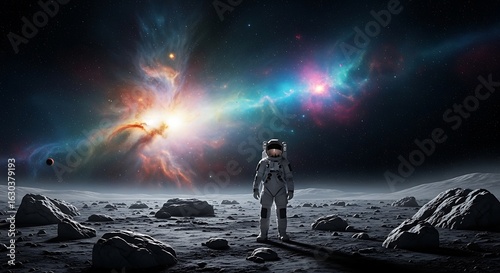 Astronaut standing on a desolate alien planet, gazing at a vibrant nebula.