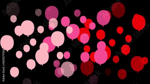 Pink red and light pink balloons float upward on black background in looping animation
