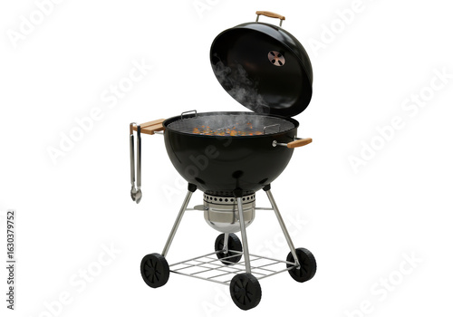 Fotografie Isolated Black Charcoal Grill with Open Lid and Cooking Utensils