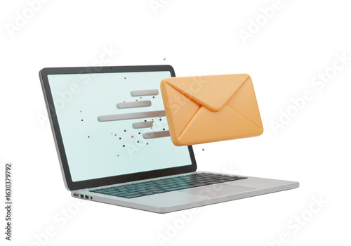 Isolated Laptop Sending an Email with Flying Envelope