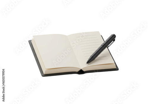 Isolated Open Notebook with Blank Pages and a Pen