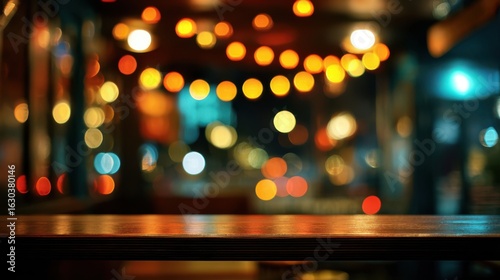 Empty wooden table surface reflecting warm bokeh lights from a vibrant out of focus city nightlife scene