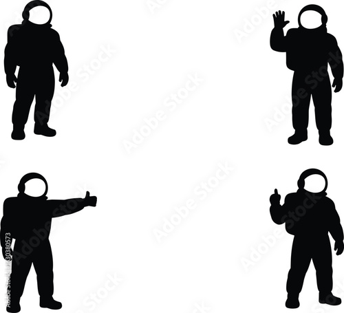 Astronaut silhouettes in various poses on white background