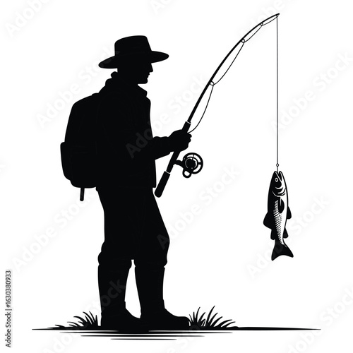 Illustration of fisherman silhouette with caught fish