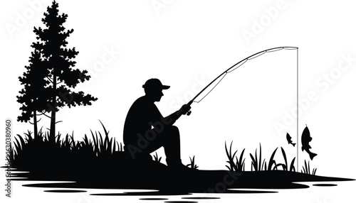Fisherman Silhouette with Caught Fish fishing