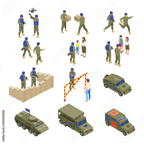 Isometric military army soldiers and vehicles vector illustration set