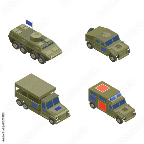Military armored vehicles and transport isometric vector set