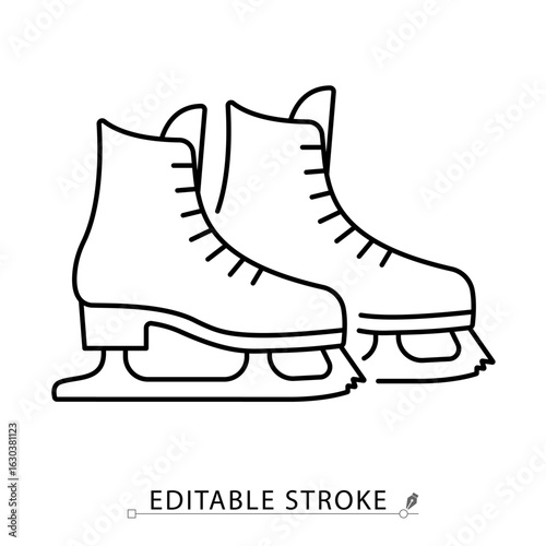 An ice skates icon in minimalist style with editable stroke. Winter sport equipment, skating gear, cold activity object, frozen surface shoes, competition symbol, training tool, outline design