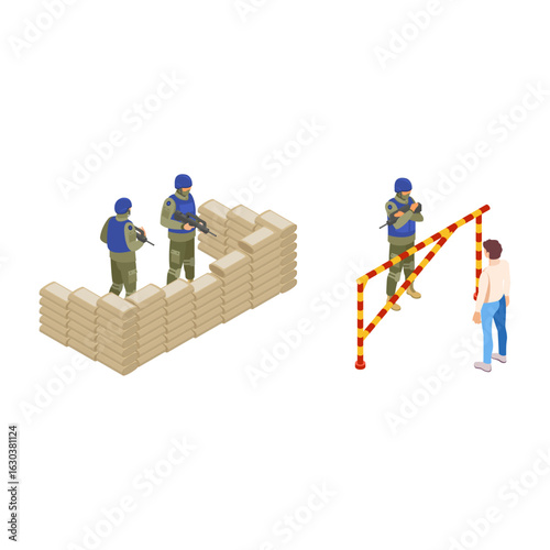 Military checkpoint and armed soldiers vector isometric illustration.