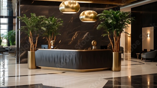 Sleek hotel lobby featuring large format beige tiles, a black marble reception desk with gold inlay details, a ring-shaped modern chandelier, and sculptural plants in metallic pots, full frame,