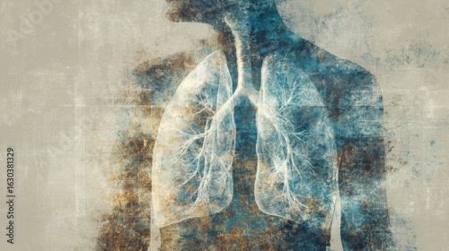 Lungs rendered in transparent glass style, inside an abstract aged body silhouette, concept: COPD, lung disease, 16:9