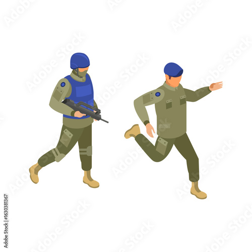Armed peacekeeper soldiers in uniform, isometric vector characters
