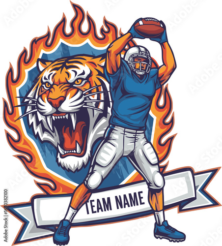 An American football player catches a ball in front of a fierce, flaming tiger mascot emblem with a banner.