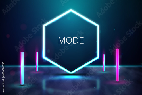 Abstract Blue Neon Hexagon Frame Background - Glowing Mode Display