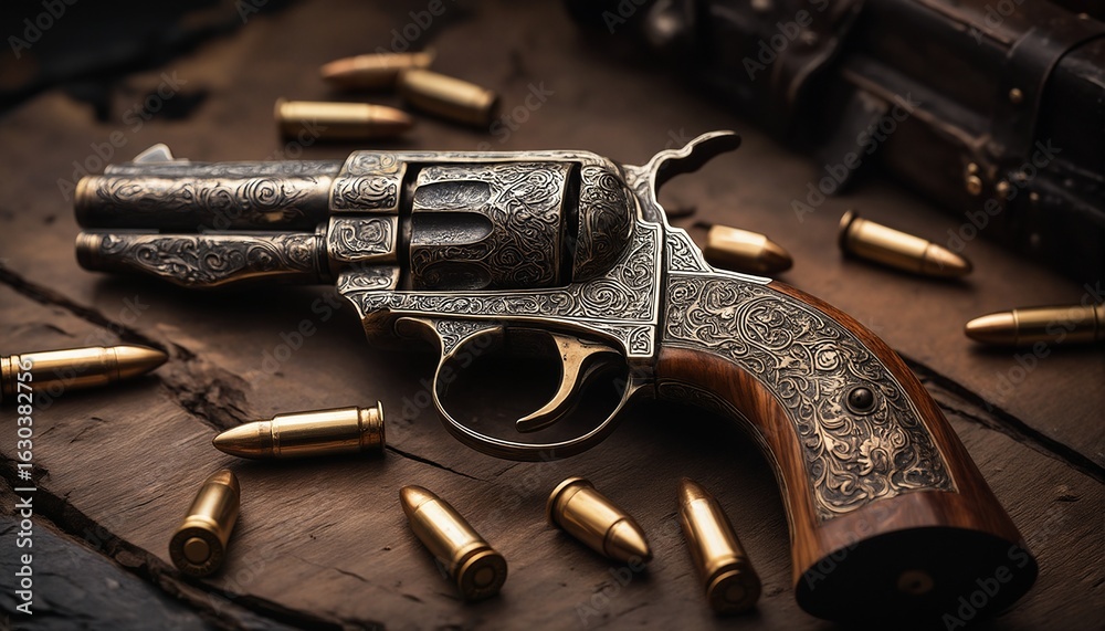 Obraz premium a detailed, ornate revolver rests among scattered brass bullets on a worn wooden surface, evoking a sense of old west danger and craftsmanship.