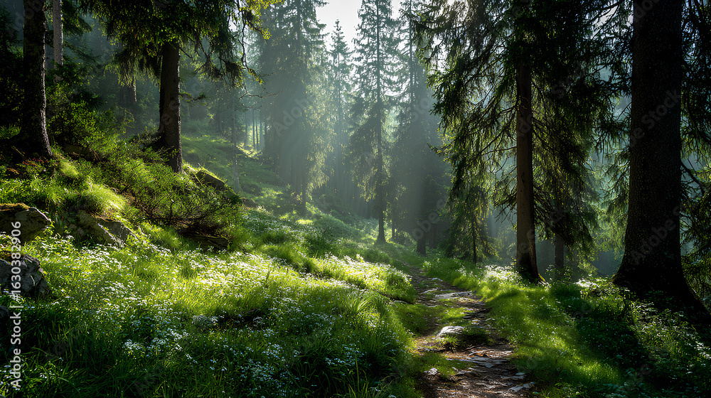 Obraz premium Sunlit Forest Path: Green Grass and Sunlight Beams