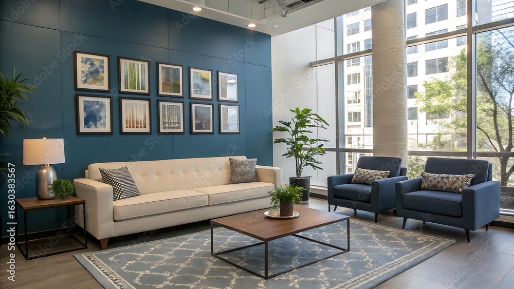 Fototapeta premium Modern interior of lounge and living room design and blue wall background,interior, room, sofa, furniture, living, home, design, house, wall, couch, floor, table, apartment, chai