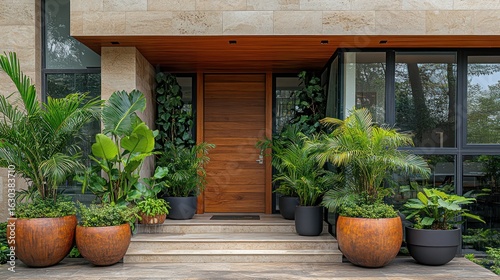 Modern home entryway with lush greenery