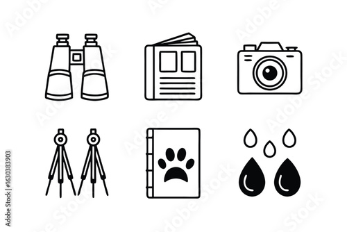 Six circular icons featuring binoculars open book camera compasses paw print book and water drops