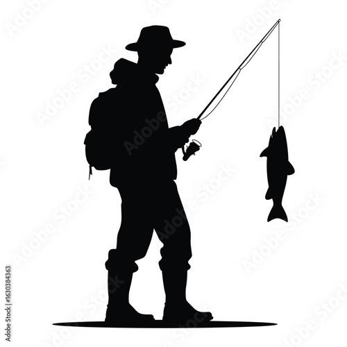 Illustration of fisherman with caught fish isolated on white background