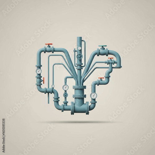 Intricate network of industrial pipes and valves on a neutral background.