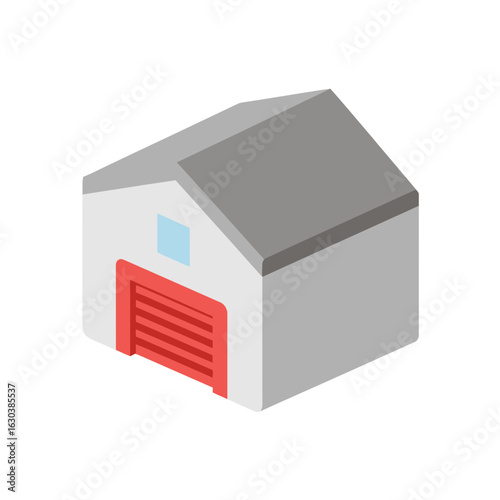 Small industrial building with a red roll-up door and gray roof.