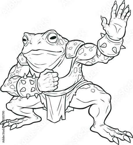A muscular anthropomorphic frog warrior in a dynamic fighting stance, adorned with spiked armor.