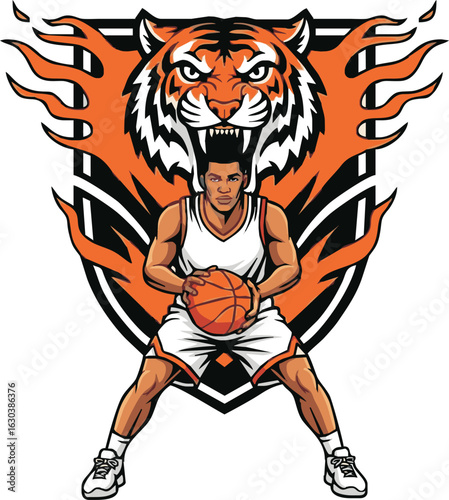 Fierce basketball player poised for action, framed by a roaring tiger emblem engulfed in flames.