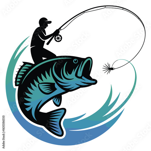 Illustration of fisherman catching bass fish with rod